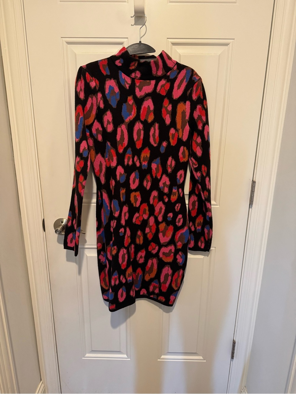 FARM Rio Black Turtleneck Dress with Pink, Red, Blue & Orange Leopard Spots